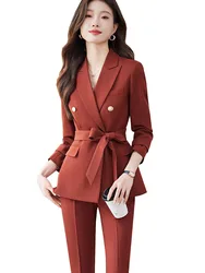 Autumn Winter Fashion Orange Pink Black Ladies Pant Suit Formal Women Business Work Wear Solid Blazer And Trouser 2 Piece Set