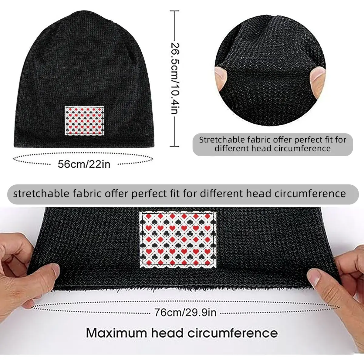Playing Card Suits Symbols Poker Waffle Knit Fleece Lined Beanie with PU Leather Patch Unisex Warm Winter Soft Cap