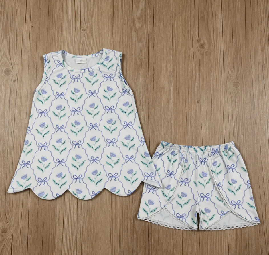 Wholesale Baby Girl Sleeveless Bows Flower Tunic Kids Ruffle Shorts Girls Summer Clothes Children Toddler Floral Outfit
