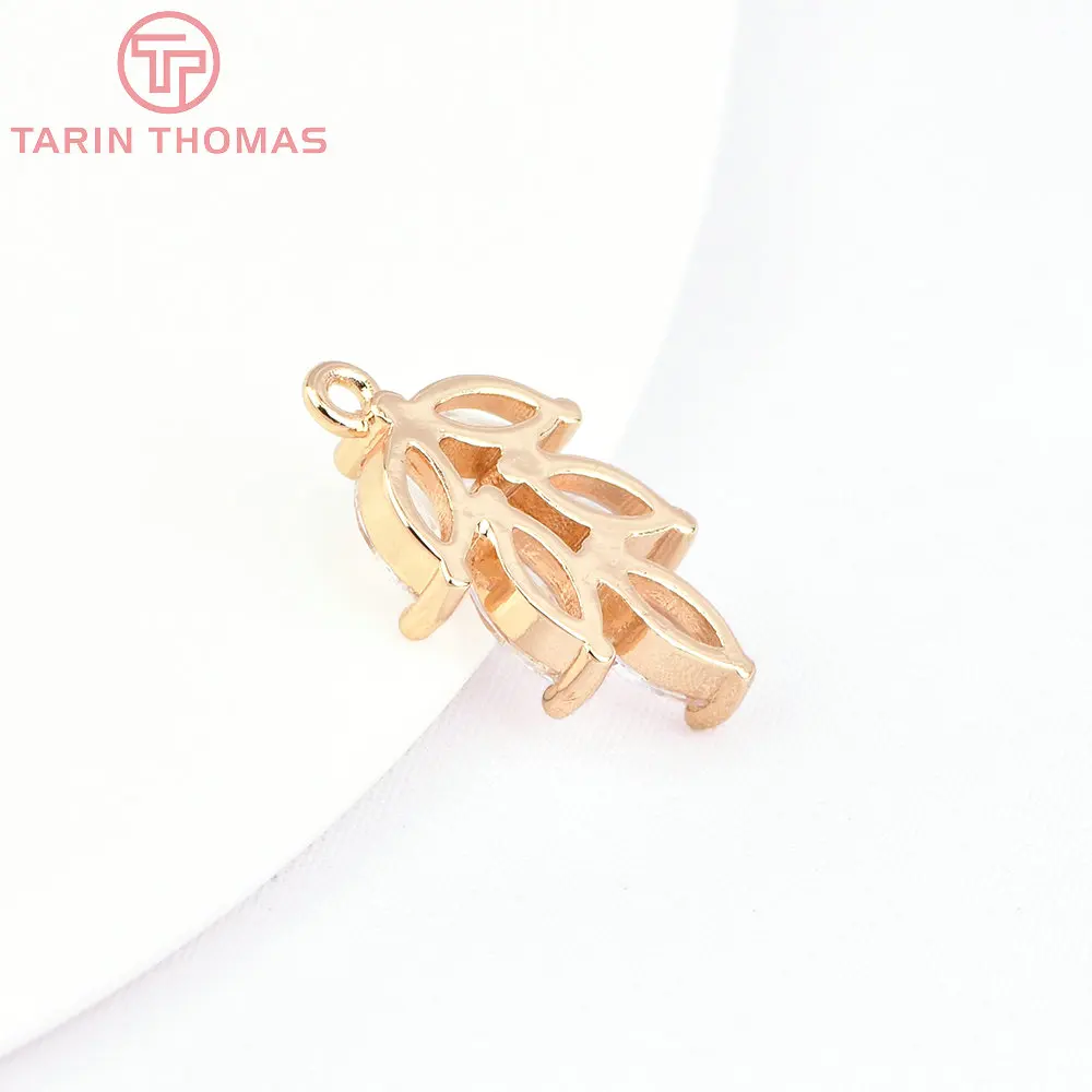 (7778) 6 Buah 10x17.5MM Warna Emas 24K Kuningan dengan Liontin Daun Zirkon Berkualitas Tinggi untuk Pembuatan Perhiasan DIY Aksesoris