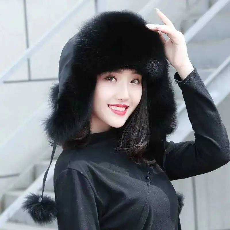 Real Fox Fur Lei Feng Hat Women's Thickened Warmth Ear Protection Hat Winter Faux Fur Hat Outdoor Riding Skiing Faux Fur Cap