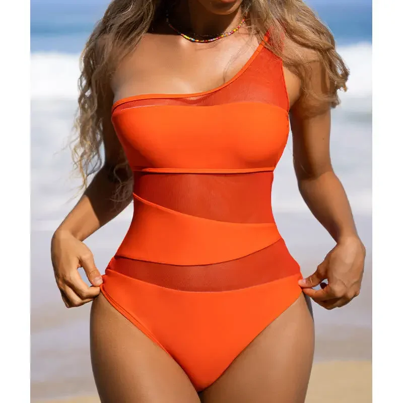 Sexy One shoulder Mesh Patchwork One-pieces Swimwear Women 2026 New Hollow Out High Cut Women's swimsuit Monokini Push Up Bikini