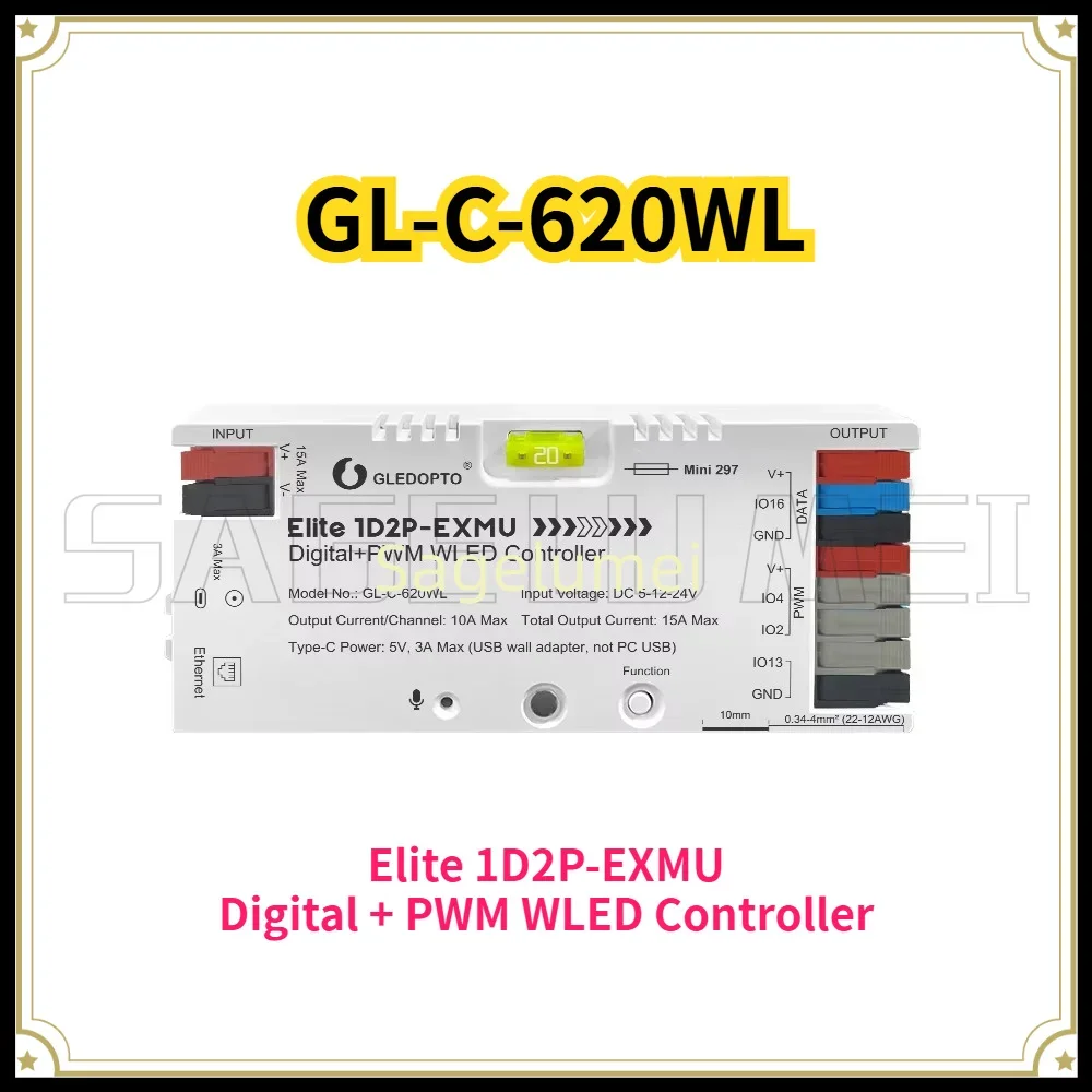 Elite 1D2P-EXMU WLED Controller GL-C-620WL Support 5-24V Digital + PWM 15A Built-in Relay & Fuse Ethernet Type-C Sound-Reactive