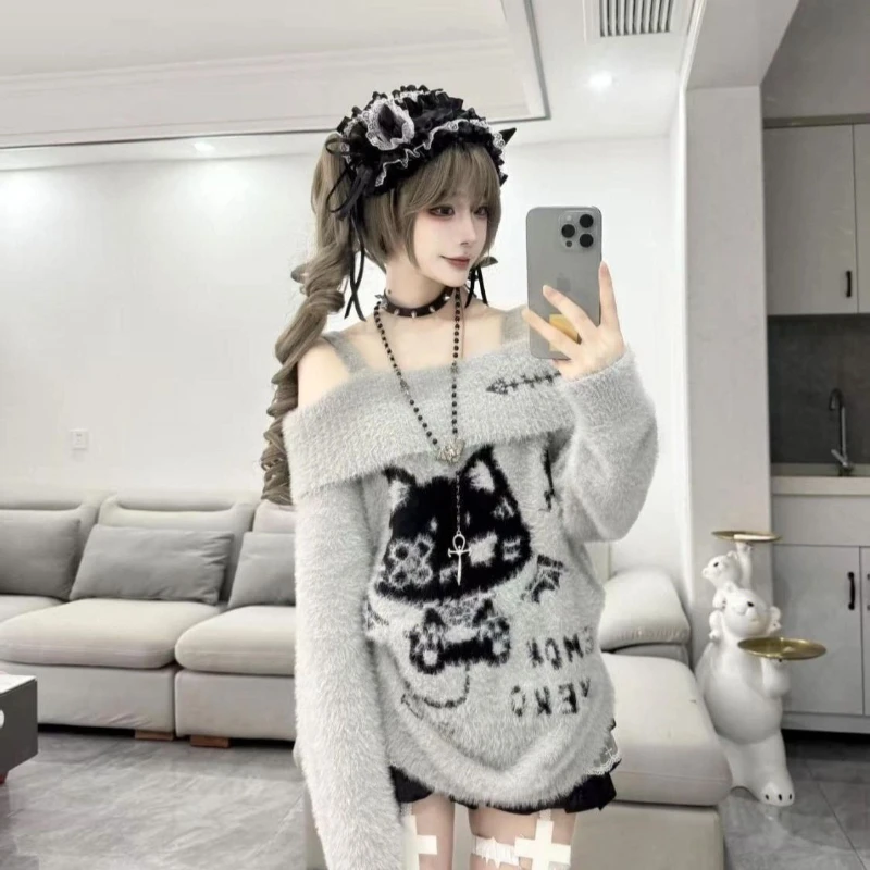 Sweet Y2K Goth Off Shoulder Fold Over Collar Knit Sweater Women Devil Cat Print Fuzzy Lace Trim Loose Fit Casual Party Outfit