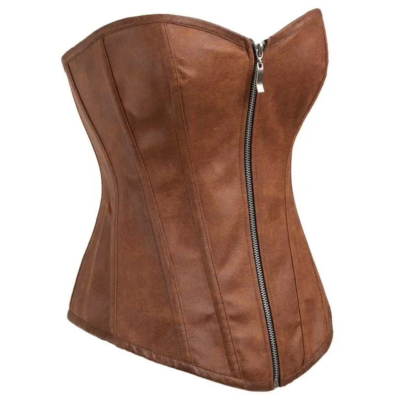 Sexy Zipper Gothic Sexy Brown Bone Steampunk Overbust Women Faux Leather Corsets And Bustiers