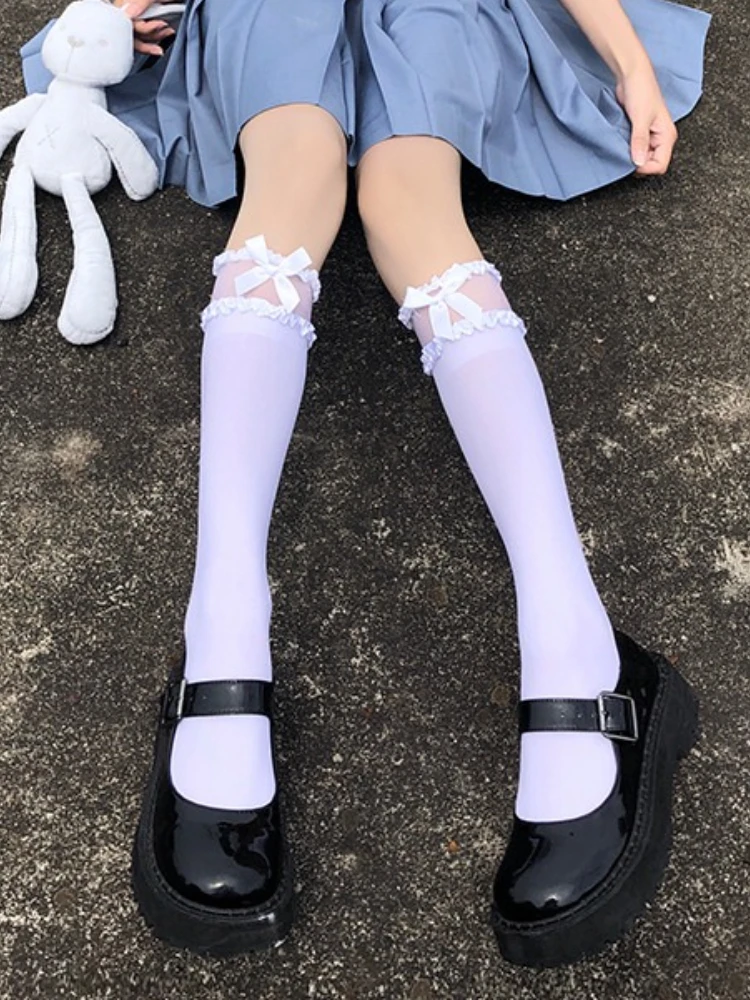 Bas d'uniforme de Cosplay Anime JK, chaussettes hautes en dentelle à bord ébouriffé pour femmes, chaussettes à nœud de couleur unie Preppy de Style japonais