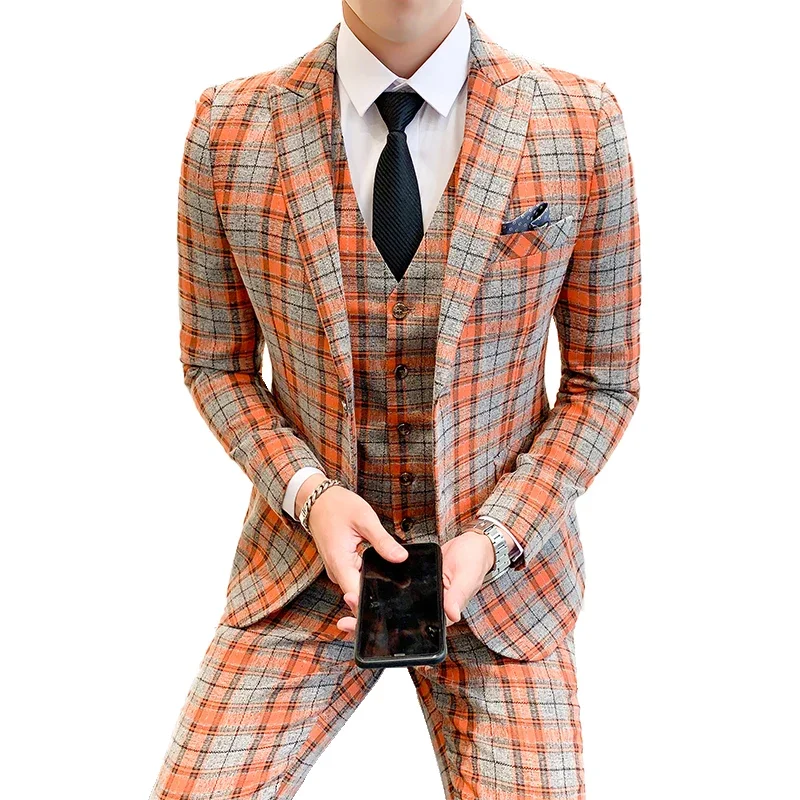 

( Jackets + Vest + Pants ) New Fashion Boutique Plaid Mens Casual Business Suit Groom Wedding Dress Suit 3pces Set Male Blazer