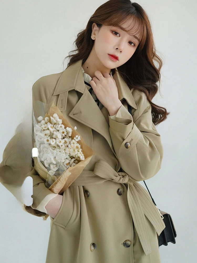 

Sweet Sle Briti Casual Windbreaker Women's Ele Slimming Midi Coat Spring Season High Waist pe Polyester Fabric