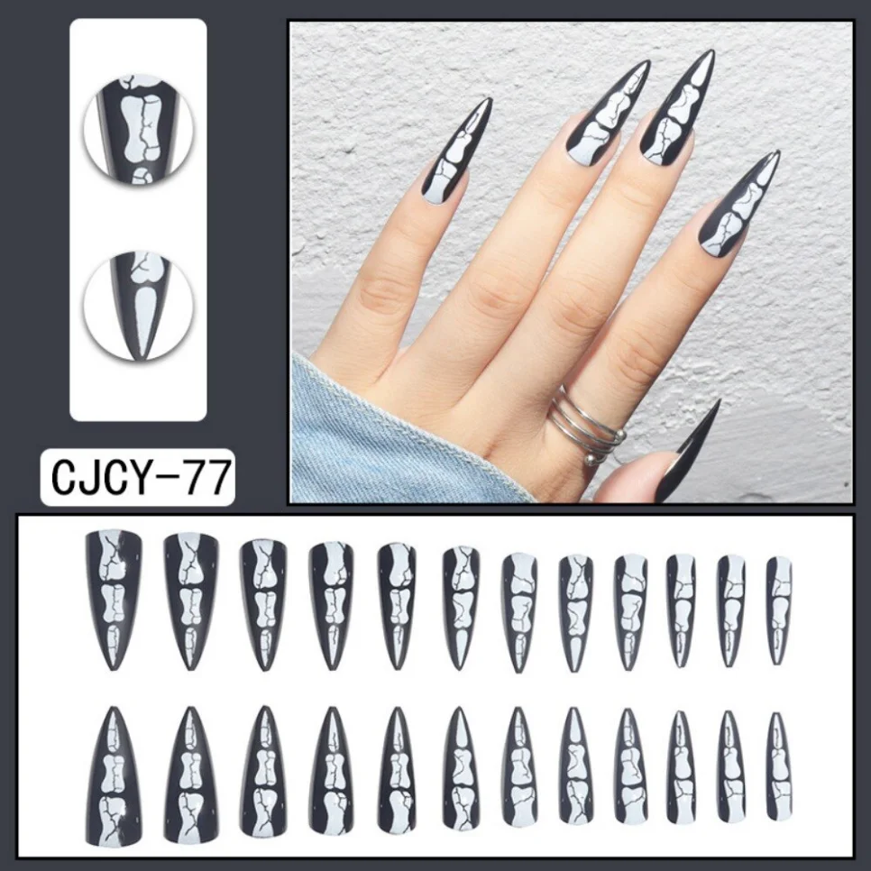 24Ps Skull Finger Dark Style False Nails Long Stiletto Halloween Fake Nail Tips Retro Grimace Claw Full Cover Press on Nails Art