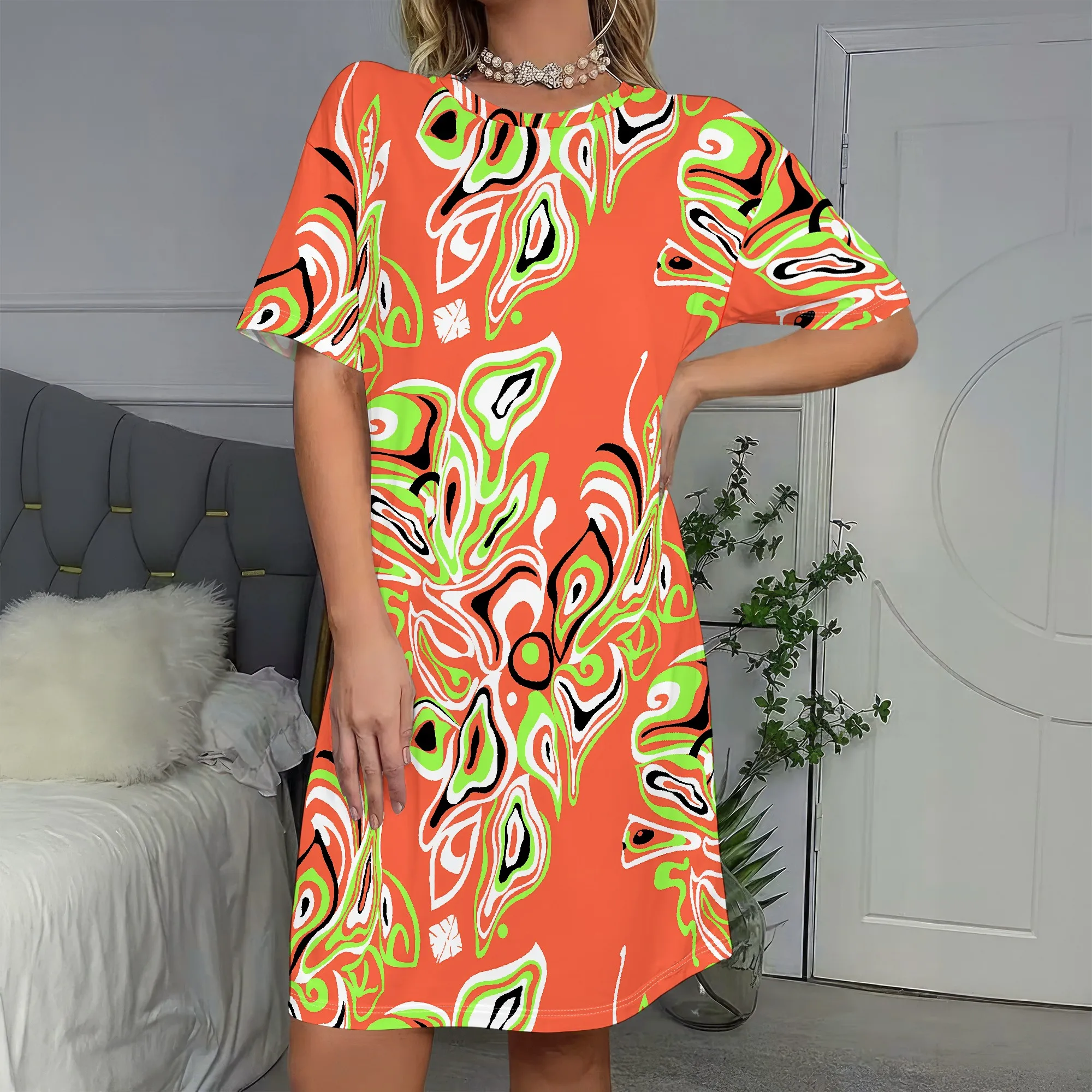 

Psychedelic Print, Short Sleeve Dress, Abstract Swirls, Vibrant Orange Pattern, Boho Casual Wear for Women, S-2XL