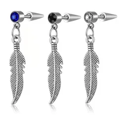 Punk Pointed Cone Crystal Feather Pendant Earrings Stainless Steel Geometric Stud Ear Jewelry Party Gifts For Women Men