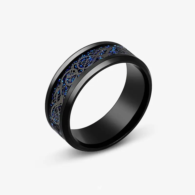 8mm Stainless Steel Domineering Dragon Pattern Rings for Men Women Punk Inlaid Blue Carbon Fibre Ring Bagues Pour Femme - 3