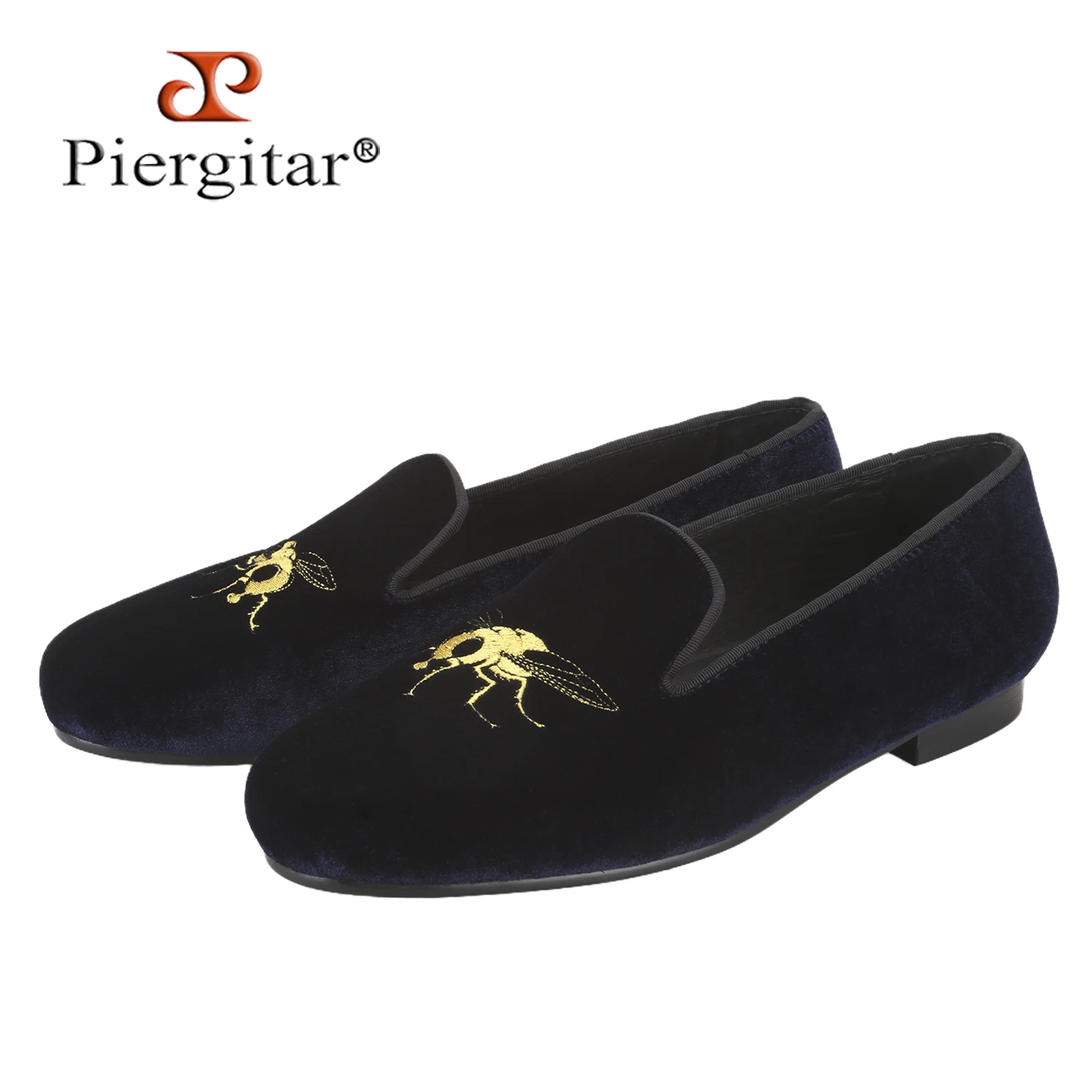 Piergitar Navy And Black Velvet Of Handmade Bees Embroidery Men's Moccasins For Party/Wedding Wear Classic Style Slip-On Loafers