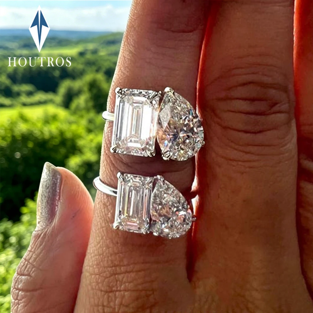 4/6cttw Emerald and Pear Moissanite Ring for Women S925 Silver Two Stone Engagement Wedding Bands Toi Et Moi Ring Gifts Jewelry