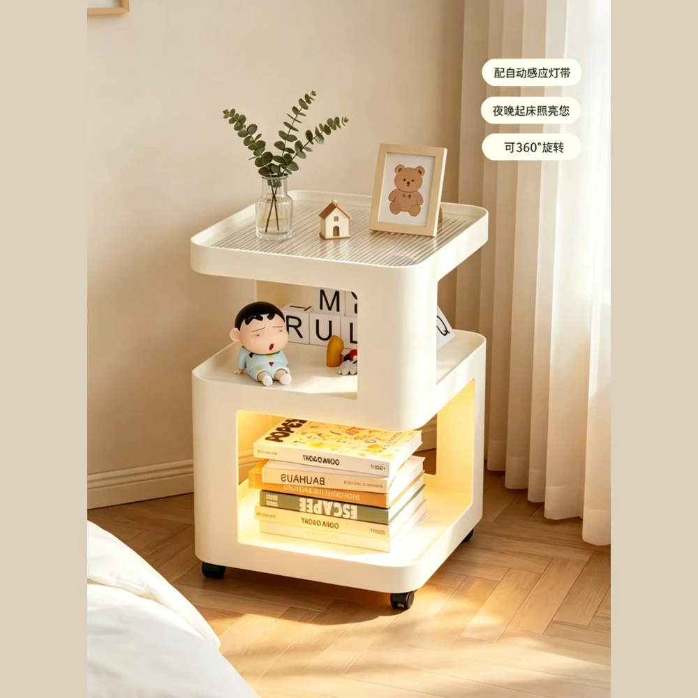 Cream Style Mobile Iron Side Table Storage Rack, Bedroom Nightstand Alternative with Wheels, Living Room Sofa End Table