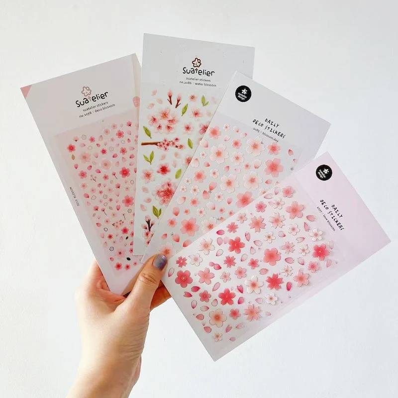 Korea Origin Suatelier Sakura Stickers Paper PVC Scrapbooking Material Cute Pink Flower Junk Journal Deco Craft Supplies