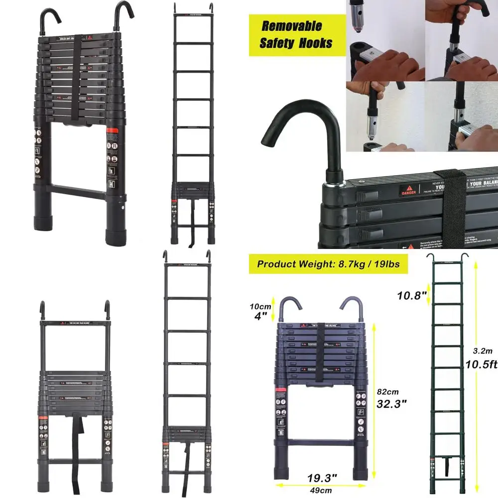 سلم تمديد من الألومنيوم 10.5FT 3.2m للاستخدام المنزلي، محمول قابل للطي مع خطافات قابلة للفصل، سلم خفيف الوزن 19 رطل #1