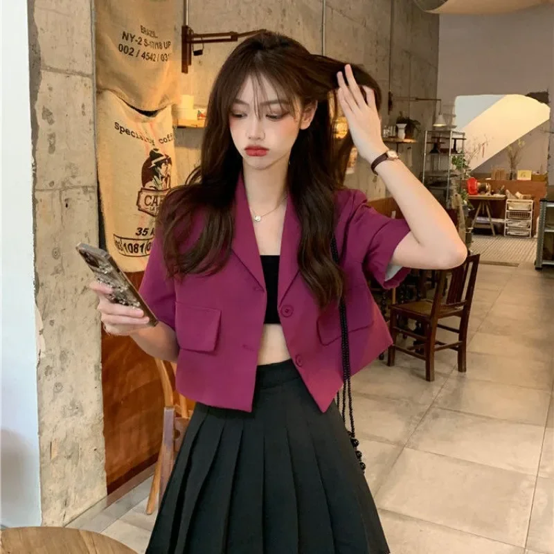 Short Sleeve Blazers Women Vintage Stylish New Popular Temperament Notched Harajuku Summer All-match Office Ladies Solid Cozy