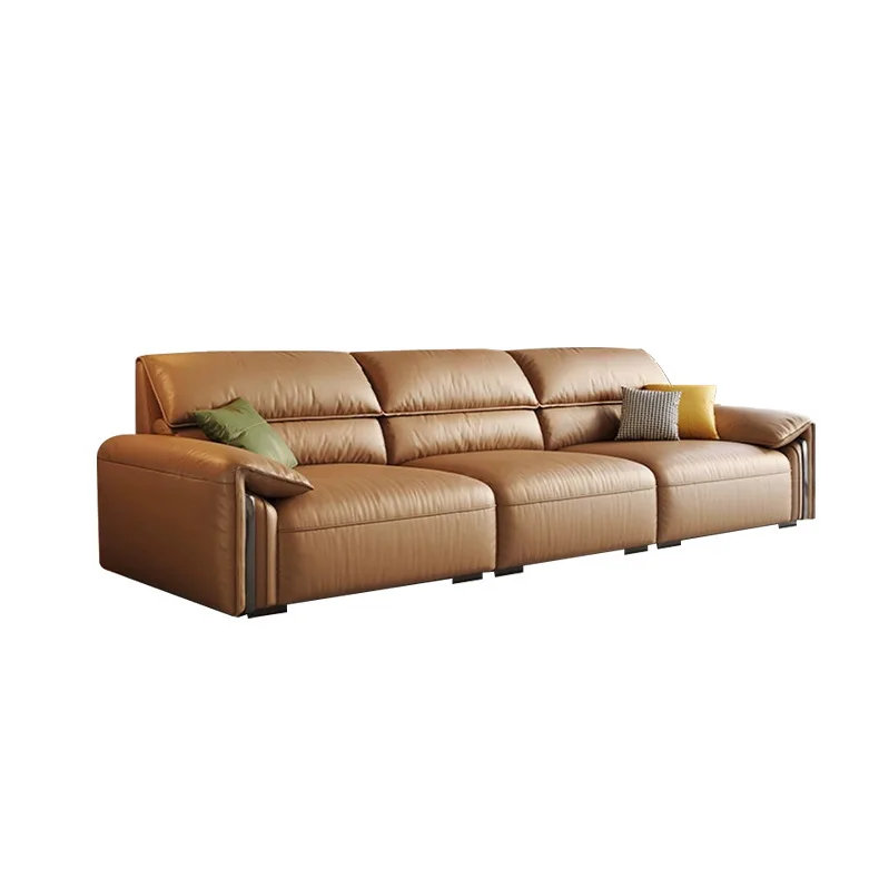 Leather sofa Italian minimalist straight row living room elephant ears high backrest floor down top layer cowhide sofa