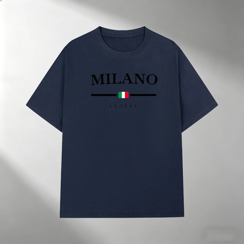 Herren Reines Baumwoll-T-Shirt MILANO Italien Flaggen-Print Kurzarm-Oberteil Lässiger Streetwear Minimalistischer Stil Locker Sitzend Tägliches Herren-Sommer-Tee-Shirt – Detail 9