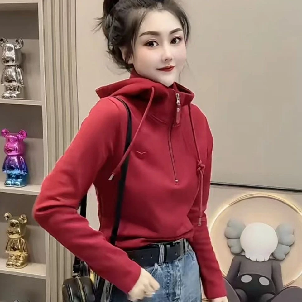 Women Half Zip Hoodie Heart Embroidery Sweatshirt Long Sleeve Autumn Winter Casual Pullover Streetwear Tops