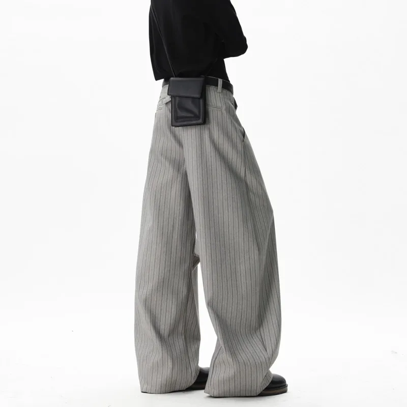 Grey Stripe Suit Pants Men Fashion Society Mens Dress Pants Korean Oversized Wide Leg Pants Mens Office Formal Trousers M-3XL