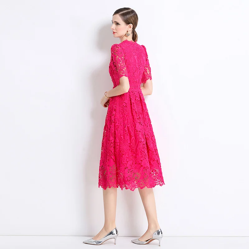 Quality Hollow Out Lace Embroidery Prom Dress Women Short Sleeve Slim High Waist French Vintage Floral Midi Party Vestidos