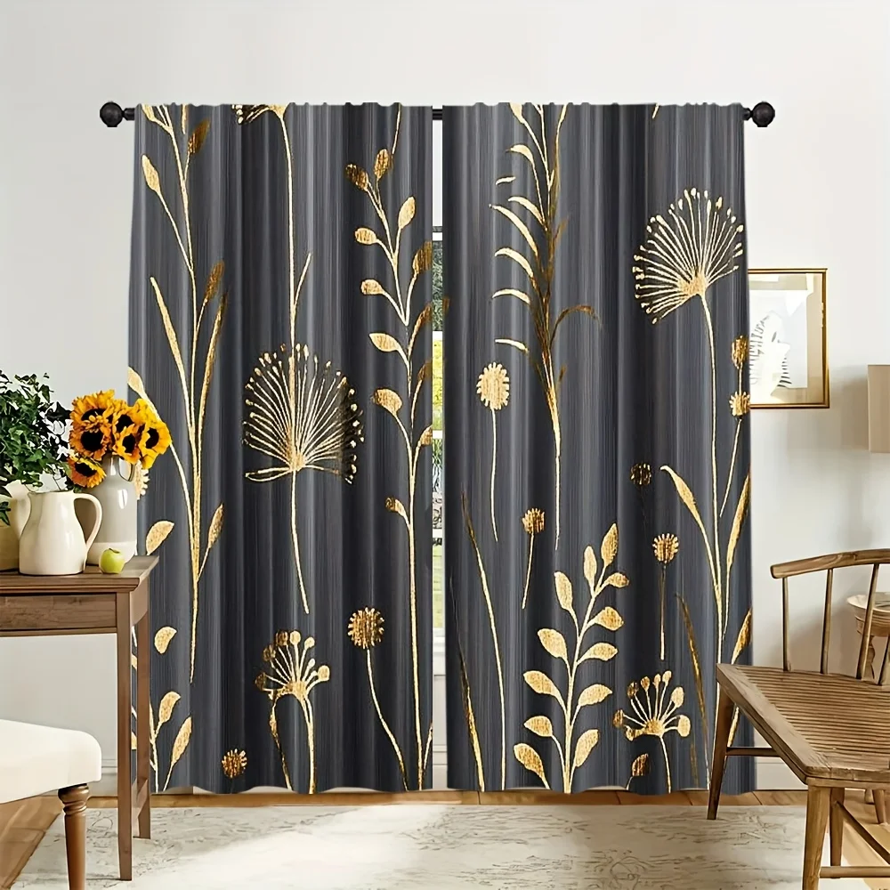 Luxurious Gold Floral Print Curtains Charcoal Gray Abstract Botanical Window Drapes Modern Glam Decor Heavy Curtains Panel