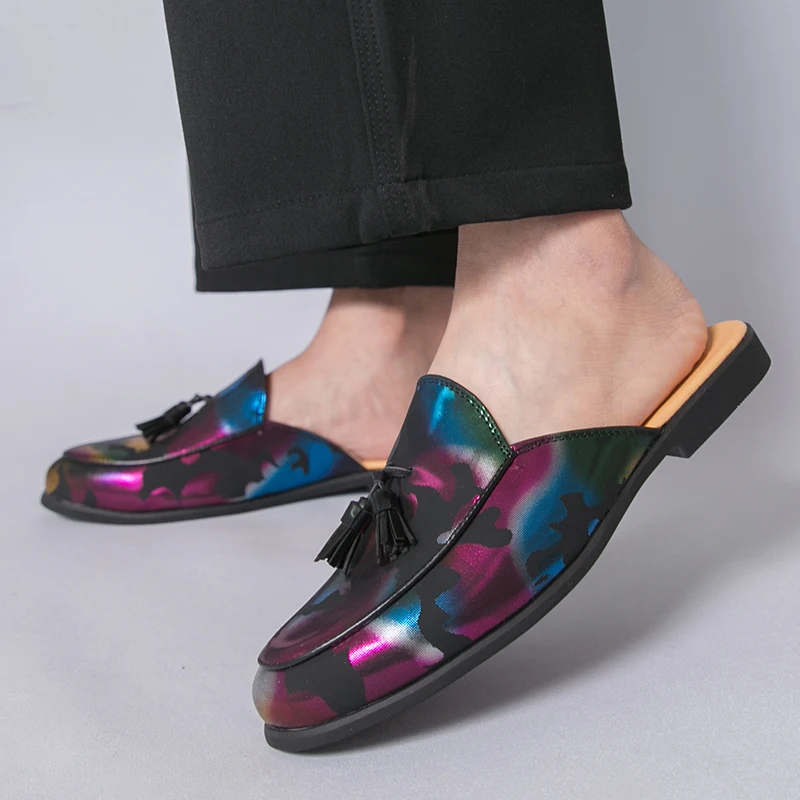 Big Size 48 Mules Men Backless Loafers Man Tassel Open-back Casual Shoes Half Slippers Slip On Closed Toe Leather Slides Sandal