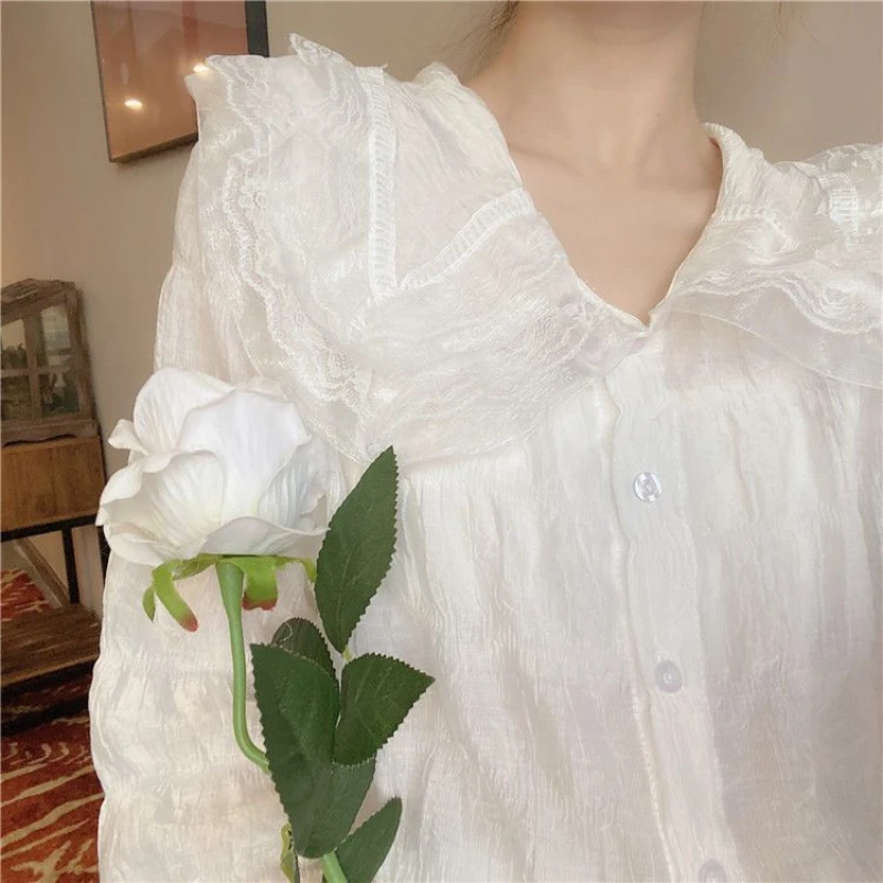 Peter Pan Collar Shirts Women Tender Folds Trendy Korean Style Mujer Aesthetic Long Sleeve Clothes Kawaii College Basics Spring