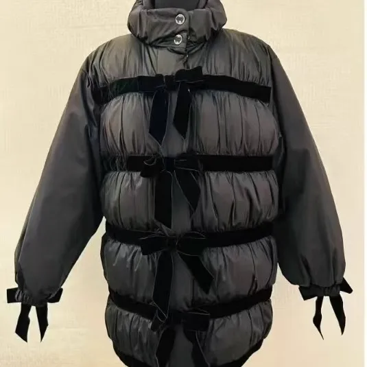 سترة أسفل 25 خريف/شتاء نمط جديد بزر أمامي مزين بفيونكة مخملية سترة متوسطة الطول