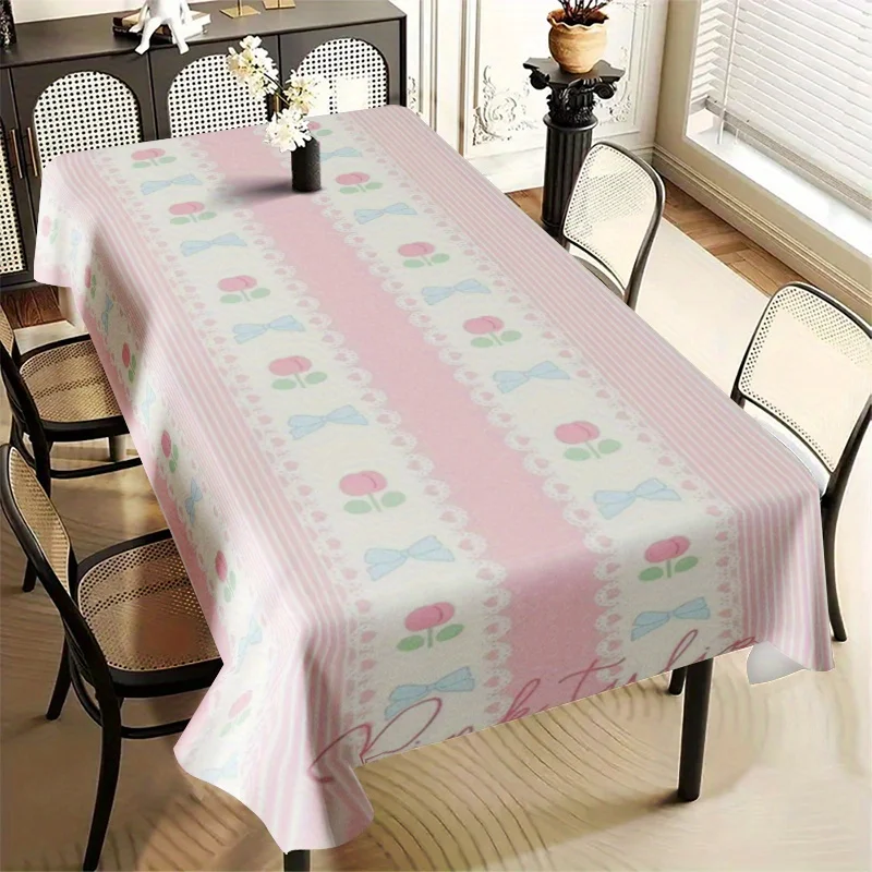 1pc Pink Bow Striped Tablecloth Suitable for Weddings, Birthdays, Holiday Parties, Picnics, and Home Kitchen Dining Decor