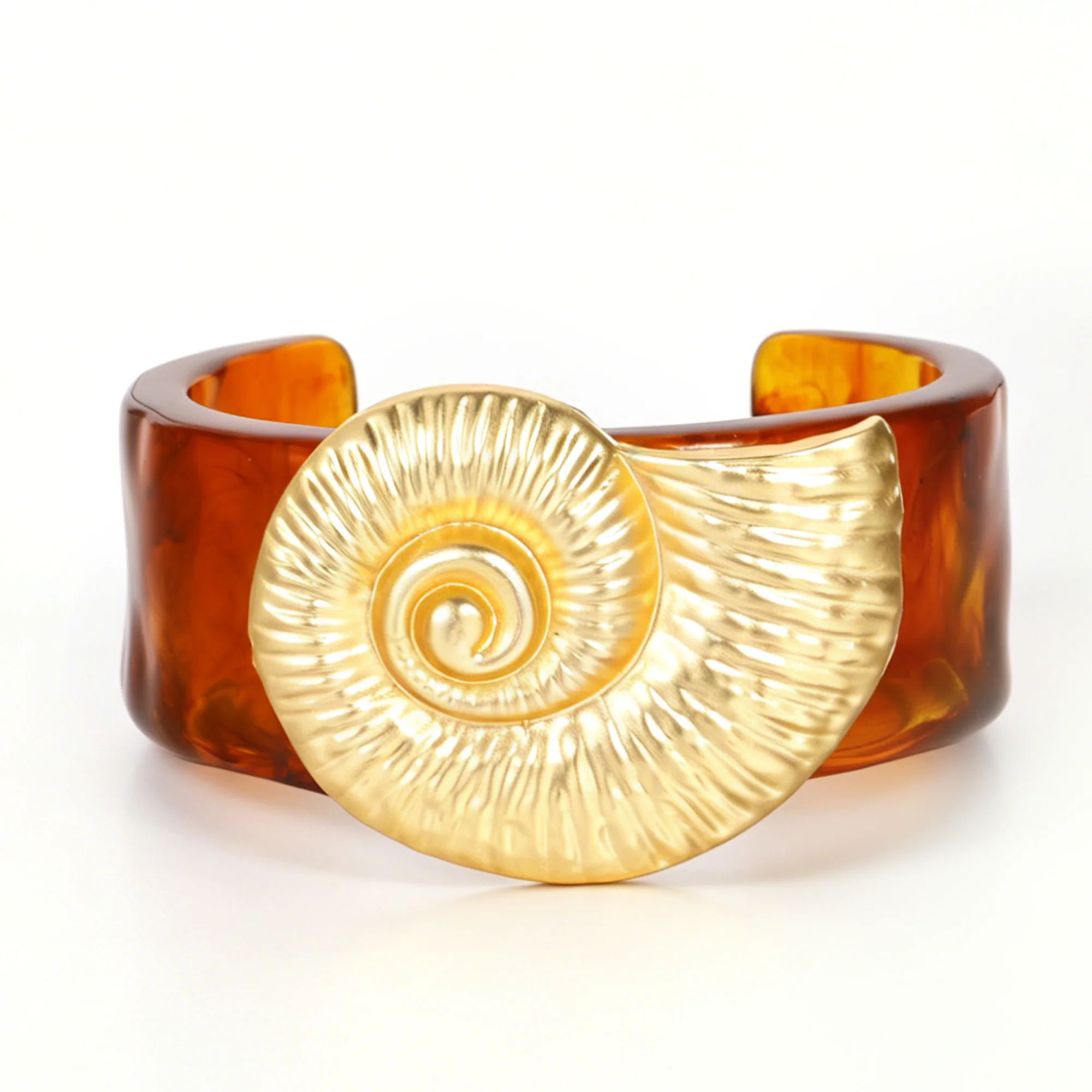 AENSOA Chunky Metal Square Brushed Wide Bracelet Brown Acrylic Unique Snail Conch Pattern Men Women's Bangle European American
