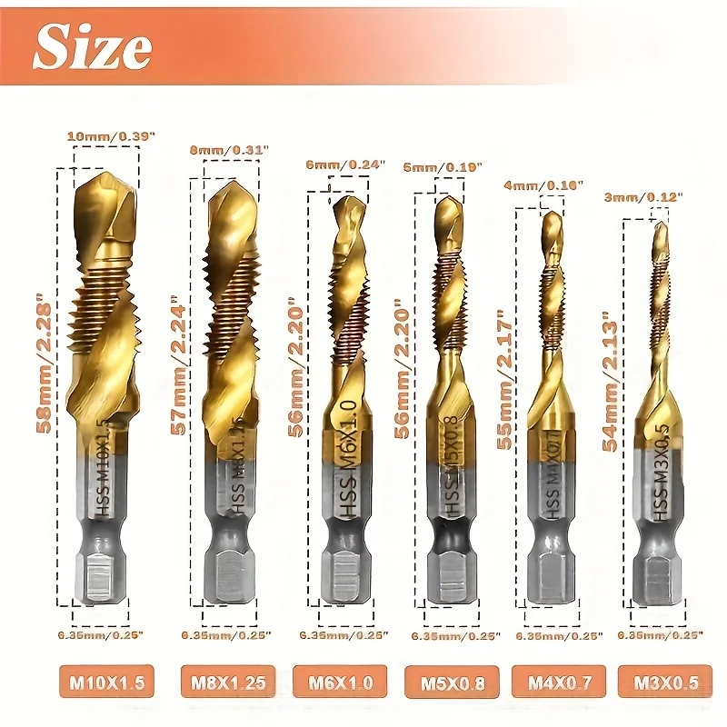 6pcs Titanium Drill Tap Combination Bit Set - Metric Thread M3 M4 M5 M6 M8 M10 Taps Tool for Screw Tapping Countersink Drilling