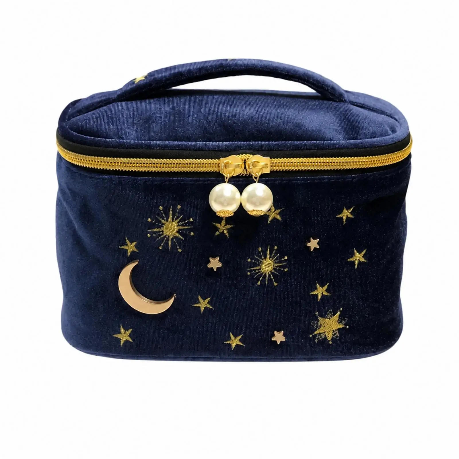 Velvet Cosmetic Pouch for Women with Hand Carry Handle and Tassel Starry Night Print Makeup Bag for Toiletries Travel Storage