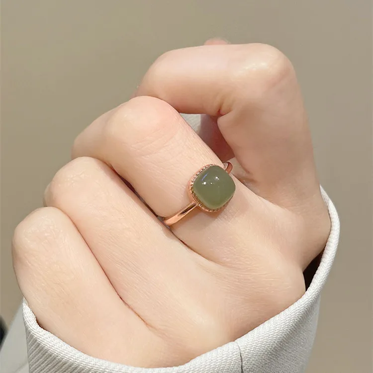 Vintage Artificial Jade Square Ring 2022 Autumn Winter Chinese Style Crystal Geometric Adjustable Finger Ring for Women Jewelry