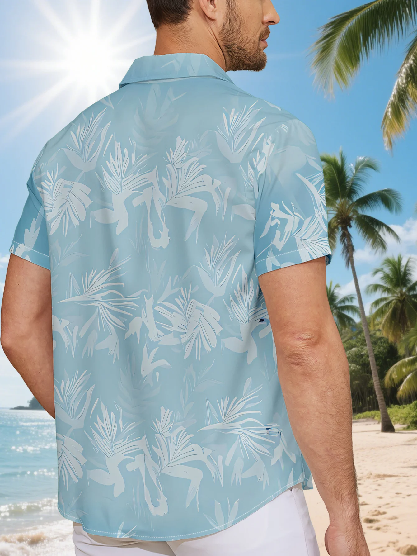 

Men's Light Blue Tropical Leaf Print Short Sleeve Shirt Casual Hawaiian Button Down Shirts For Men Beach Vacation Wear