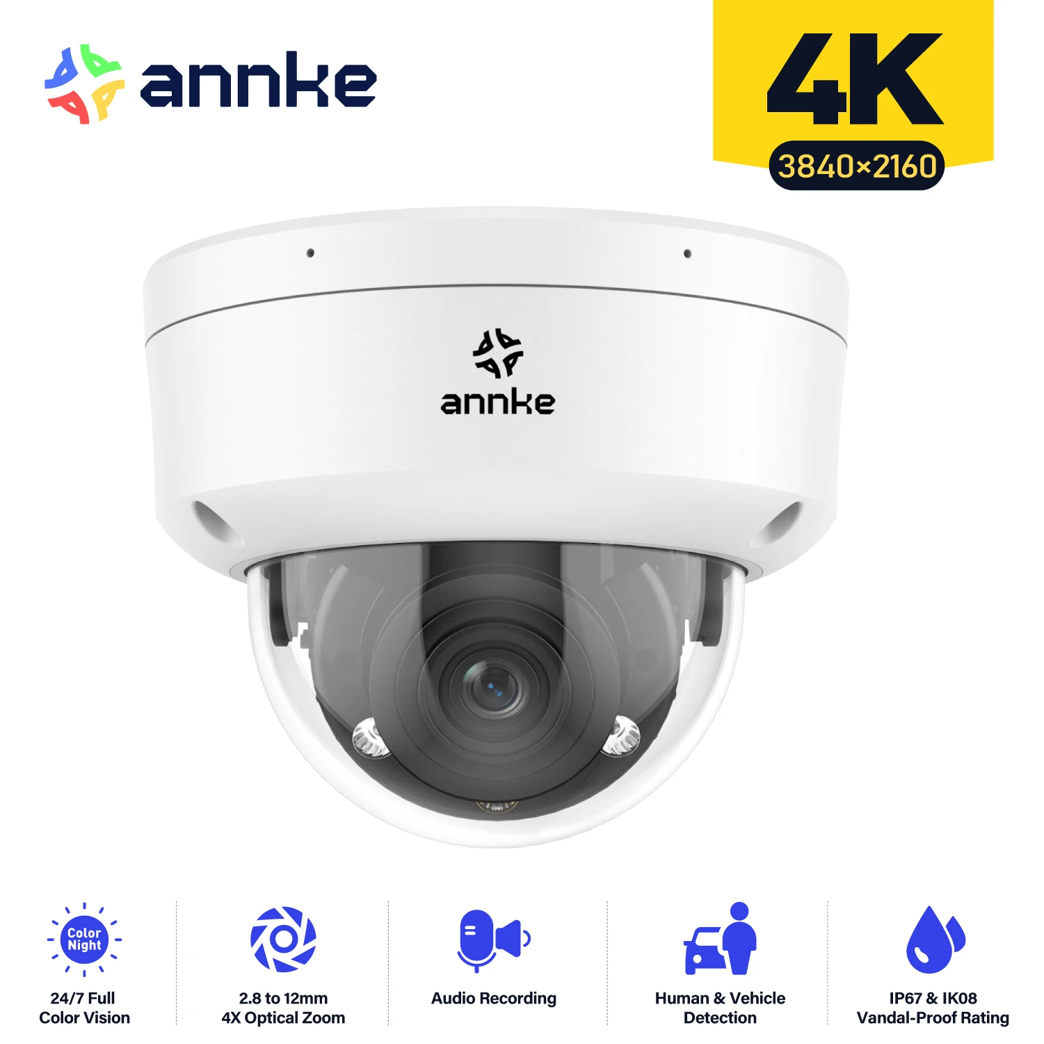 ANNKE 4K Smart Dual Light Varifocal Dome Network Camera 4X ZOOM IP67 Motion detection Human Vehicle Detection 8MP Smart Home