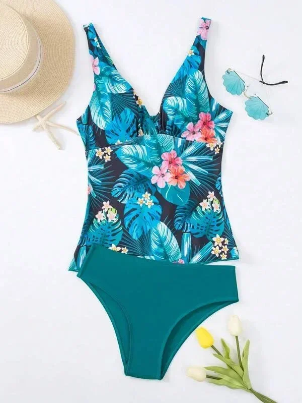 Badpak Vrouwen 2023 Sexy Bloemenprint V-hals Bikini 2-delige Hoge Taille Tankini Conservatieve Badpak Strand Badpak 2025