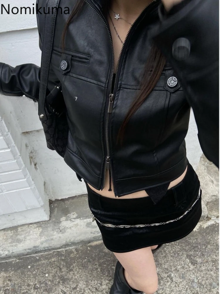 Punk Leather Crop Jackets Women's Clothing Slim Fit Stand Neck Zipper Outwear Crop Tops 2024 Ropa Mujer Vintage Fashion PU Coats