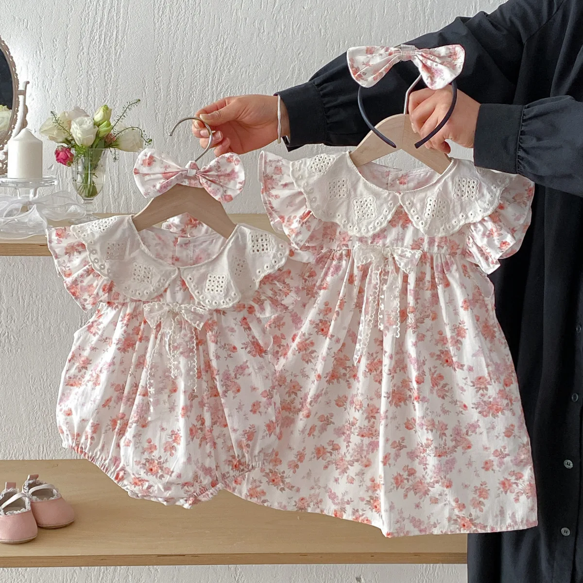 2026 Baby Toddler Floral Matching Outfits Flutter Sleeve Lace Collar Bodysuit Dress for Little & Big Sisters Cute Princess Sets