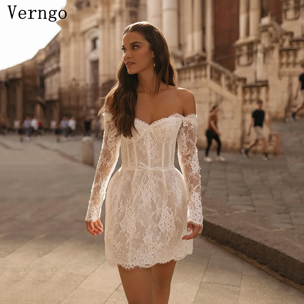 Verngo lvory Lace Mini Bridal Gowns Strapless A Line Long Sleeves Wedding Dresses Elegant Short Bride Dresses Customized