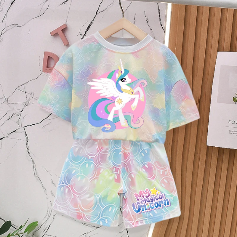 

Футболка + шорты My Little Ponys, кавайная детская одежда, комплект с короткими рукавами и единорогом, аниме, летняя домашняя одежда, футболка, подарки