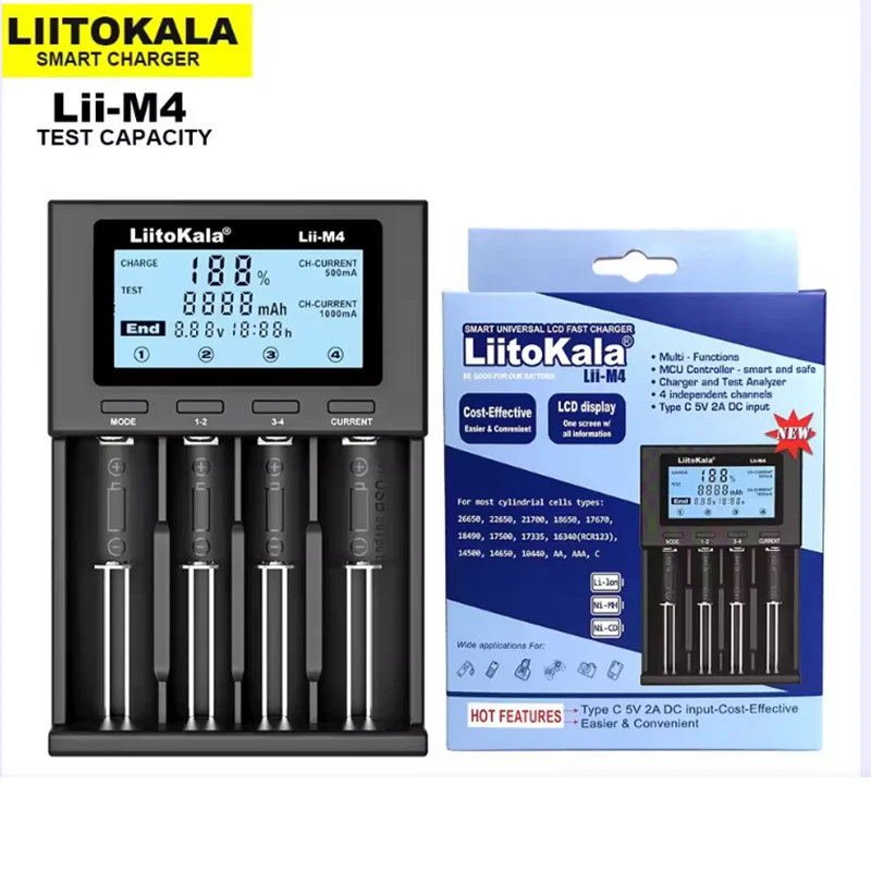 

LiitoKala Lii-M4 18650 Зарядное устройство с ЖК-дисплеем Универсальное интеллектуальное зарядное устройство Тестовая емкость 26650 18650 21700 AA AAA Батарея 4 слота 5 В 2 А