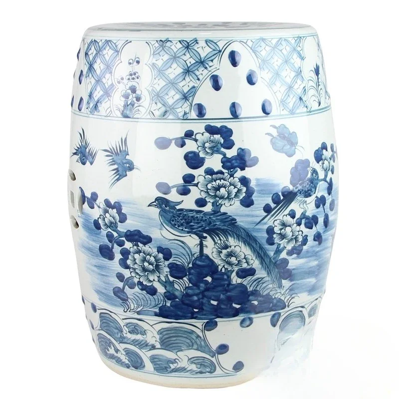 Antique blue and white porcelain pier hand-painted flower and bird dragon pattern drum stool hexagonal edge few home dressing