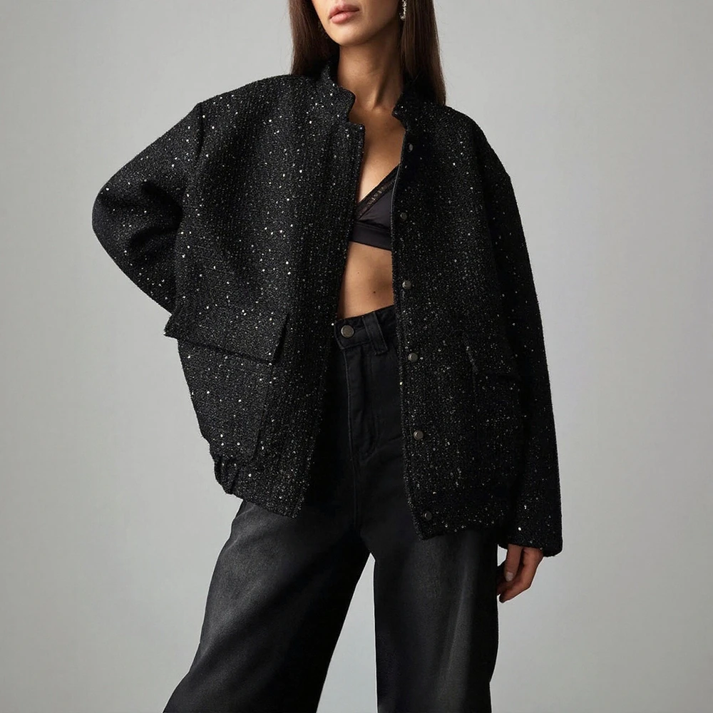 

Gold Sequin Jacket for Women Stand Collar Loose Fit Fashion European American Style Ins Clothing