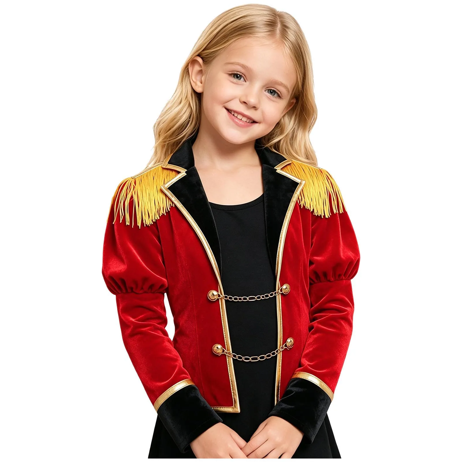 #6-16 Carnival Circus Ringmaster Costume Long Puff Sleeve Fringe Epaulet Jacket Metal Chain Front Coat Halloween Cosplay Costume
