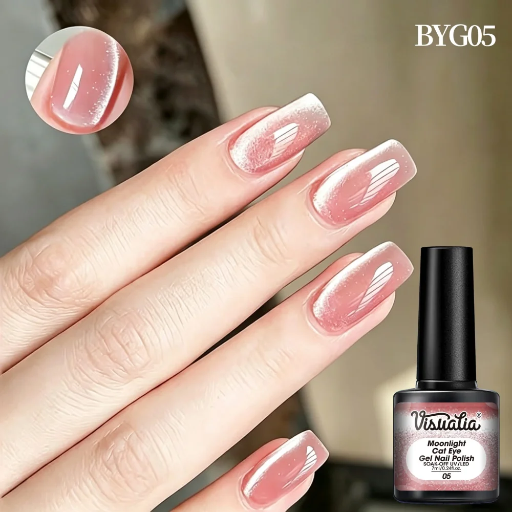 Visuatia Bean Paste Nude Moonlight Cat Eye Nail Polish Gel, Low-Saturation Soft Pink Base Color, Fine Magnetic Powder Creates a Smooth Moonlight Effect, Good Gel Extension Properties, Suitable for Nail Art Enthusiasts