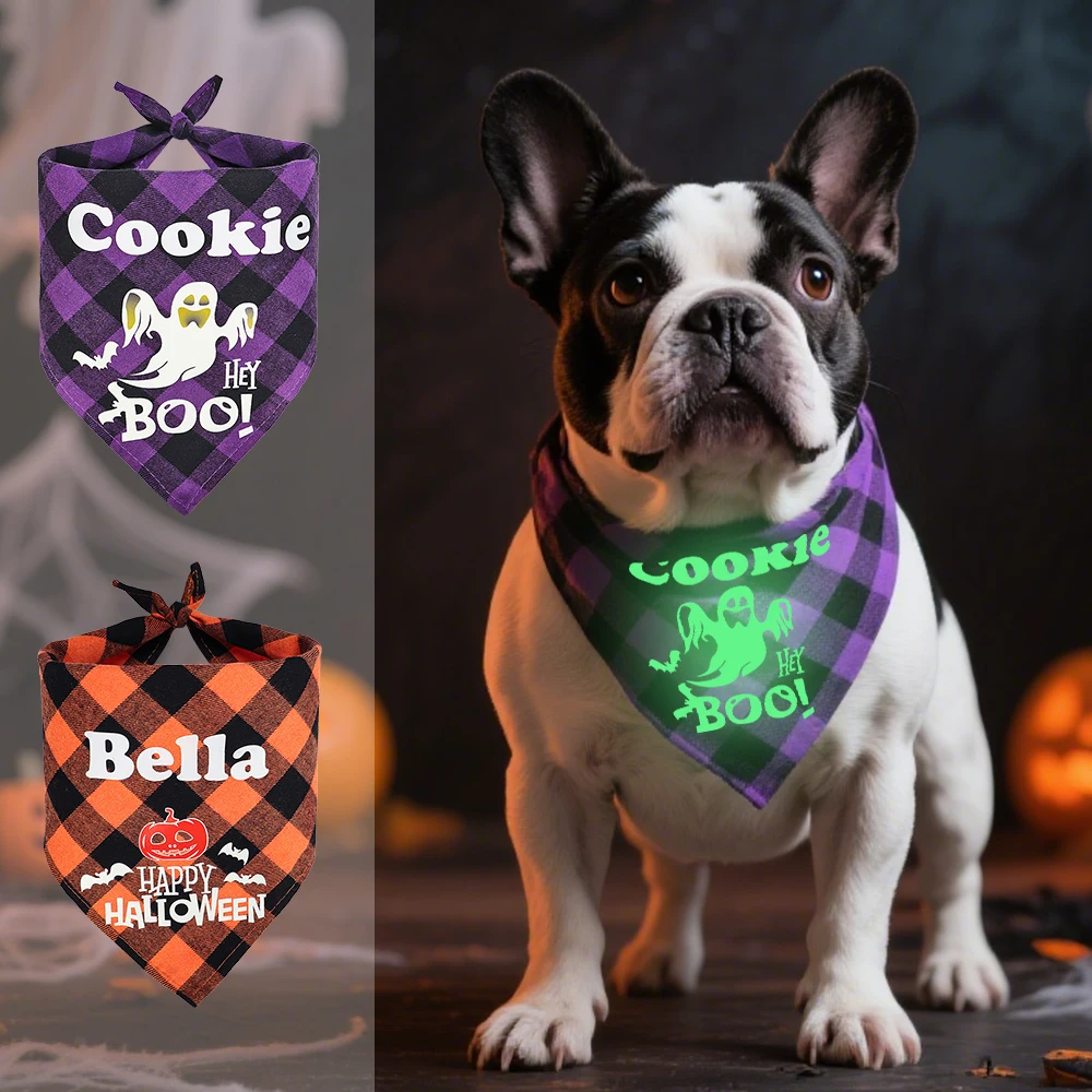 

Custom Dog Halloween Bandana Reflective Pet Dogs Scarf Free Print Pet Name Bandanas High Visibility Night Bib For Dogs Party