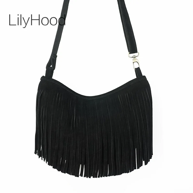 Women Genuine Leather Suede Fringed Shoulder Bag Fashion Street Boho Hippie Gypsy Gothic Ibiza Soft Pouch Side Sling Bag